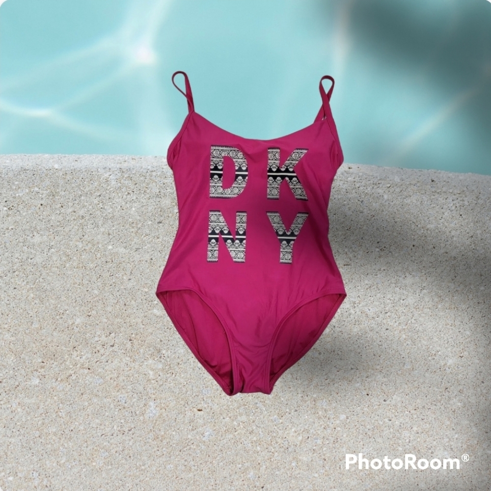 DKNY One Piece Pink Swimsuit Floral Logo Size 8 Adjustable Straps Excellent Cond